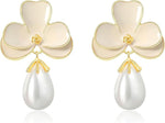 El Regalo Cute Orchid Flower Teardrop Pearl Earrings- 14K Gold Plated Pearl Earrings for Women | Floral Enamel drop Ball Earrings (White)