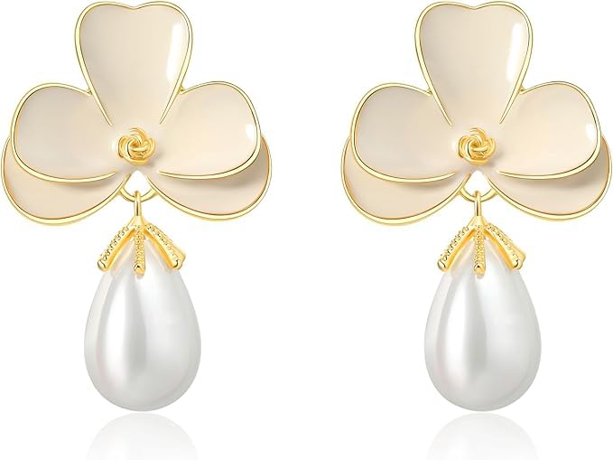 El Regalo Cute Orchid Flower Teardrop Pearl Earrings- 14K Gold Plated Pearl Earrings for Women | Floral Enamel drop Ball Earrings (White)