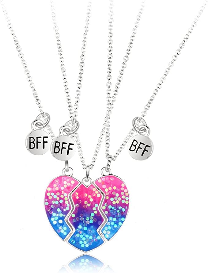 El Regalo 3 PCs BFF Best Friend Forever Split Heart Magnetic Matching Pendant Necklaces Set for Kids/Girls/Teens- Friendship Puzzle Necklaces Sets for Besties (Sparkly Blue Heart)