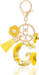 El Regalo Personalized Name Initials Natural Flowers & Bee Charm Keychain - Custom Letter Keyring with Daisy Flower & Honey Bee Pendant, Purse, Bag, Backpack Accessory (Letter G)