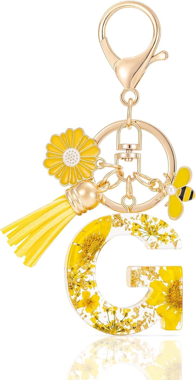 El Regalo Personalized Name Initials Natural Flowers & Bee Charm Keychain - Custom Letter Keyring with Daisy Flower & Honey Bee Pendant, Purse, Bag, Backpack Accessory (Letter G)