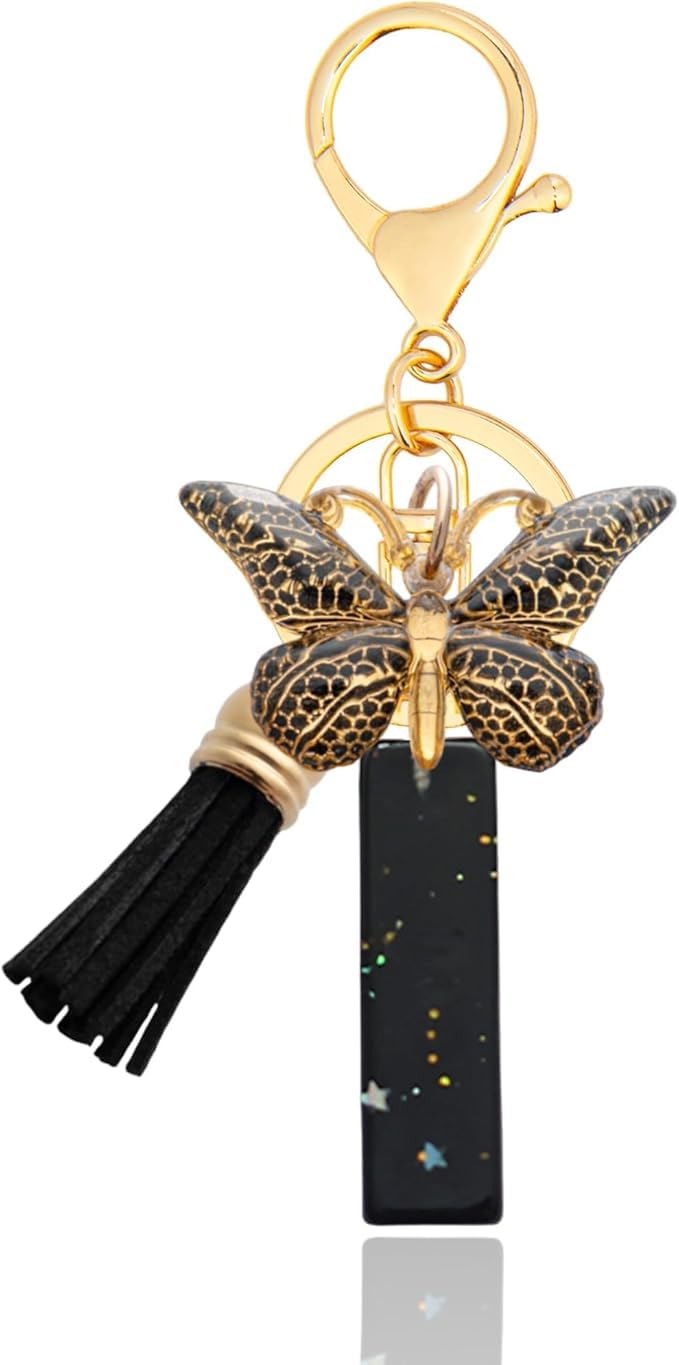 El Regalo Personalized Name Initials Butterfly Charm Keychain - Name Letter Keyring with Black & Golden Tassel & Butterfly Pendant, Purse, Bag, Backpack Accessory (I Letter)