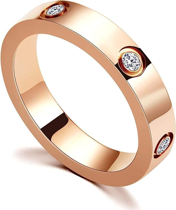 El Regalo Fashion Classic Titanium Steel Women Stacking Ring- Anti Tarnish/Waterproof Cubic Zirconia Stainless Steel Promise Ring for Girls & Women (Rose Gold, 9)