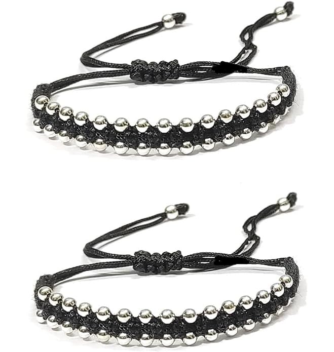 El Regalo Womens 2 Pcs Handmade Beaded Nazaria/Nazar Bracelet Cum Anklet Set- Black Thread Anklet/Bracelet Set (Silver)
