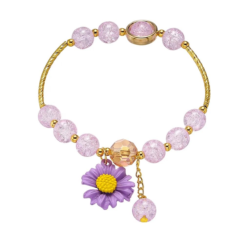 El Regalo 1PC Daisy Flower/Sunflower Crackle Beads Stretch Bracelet for Girls & Women- Fancy Floral Bracelets (Purple)