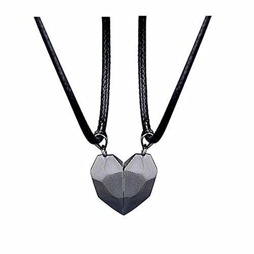 El Regalo 2 Pcs Heart Couples Magnetic Necklace for Couples/Besties/Friends - Black White Matching Pendant Friendship Distance Magnetic Love Heart Jewelry (All Grey) For Unisex Adult