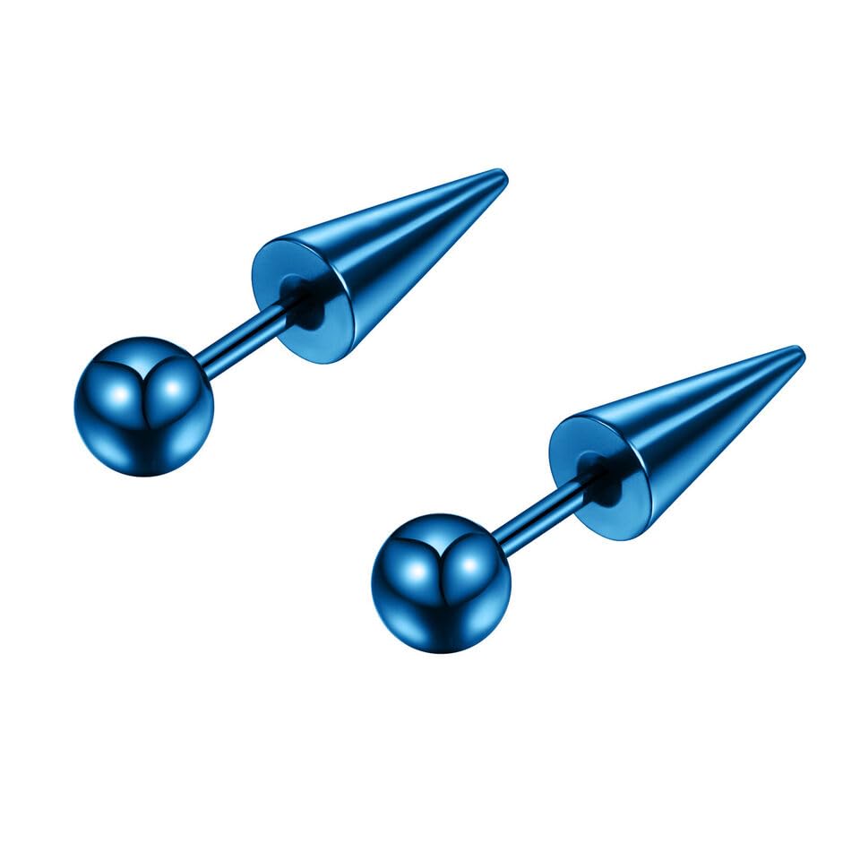 El Regalo 1 Pair Surgical Stainless Steel Spike Unisex Stud Earrings- Septum Lip Rings Cartilage Tragus Helix Piercing for Women Men (Blue)