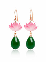 El Regalo Handmade Lotus Flower Dangle Earrings for Women & Girls | Elegant Pink Bloom & Green Teardrop Bead Drop Earrings | Nature-Inspired Traditional Boho Floral Fashion Jewellery Gift