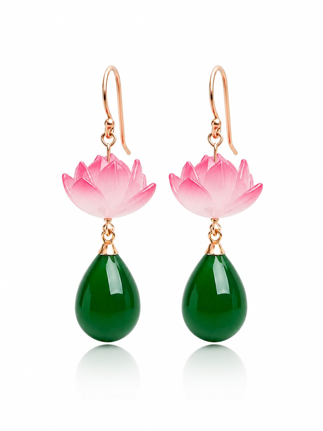El Regalo Handmade Lotus Flower Dangle Earrings for Women & Girls | Elegant Pink Bloom & Green Teardrop Bead Drop Earrings | Nature-Inspired Traditional Boho Floral Fashion Jewellery Gift