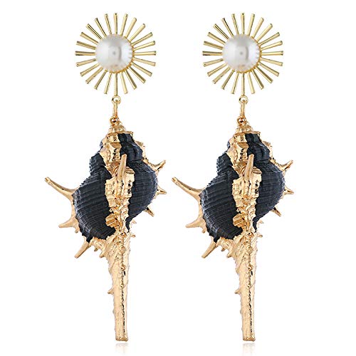 El Regalo Big & Bold Bohemian Pearl Shell Statement Earrings- Pearl Conch Shaped Beach Earrings, Lightweight & Exquisite (Black)