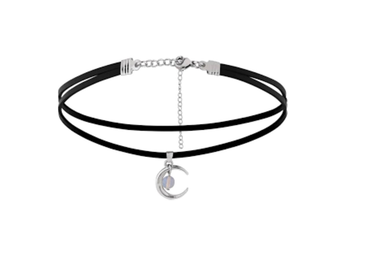 El Regalo Gothic Punk Crescent Moon with Bead Choker Necklace for Girls & Women- Hippie Double Layers Suede Crescent Moon Choker