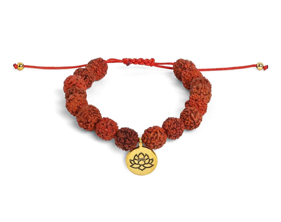 El Regalo Unisex 1 PC Natural Rudraksha Beads Adjustable Bracelet: Handmade Lord Shiva Rudraksha Beads Bracelet with Spritual OM/Aum, Budhdha, Lotus Charms (Golden Lotus Rudraksha Bracelet)