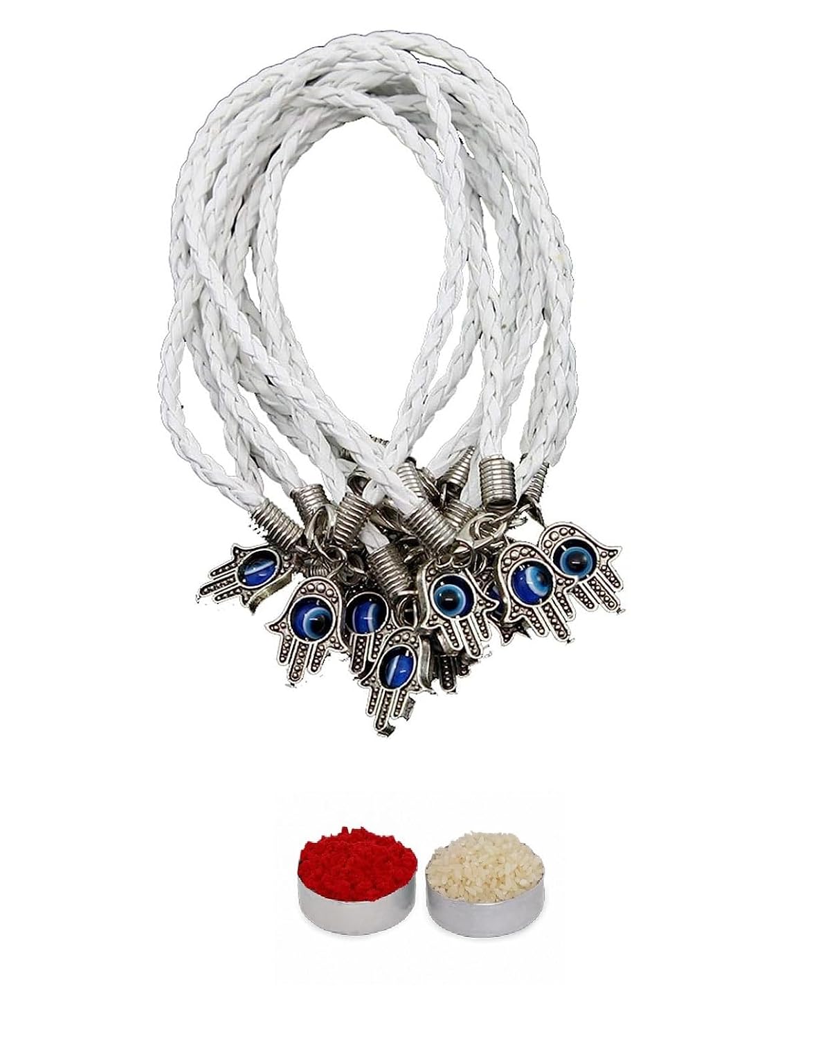 El Regalo 5PCs Evil Eye Hamsa Hand Rakhi Combo - Evil Eye Rakhi Set for Brother with Roli Chawal - 5 Lucky Kabbalah Blue Turkish Evil Eye Rakhi for Bhaiya/Bhai/Brother/Nephew (White)