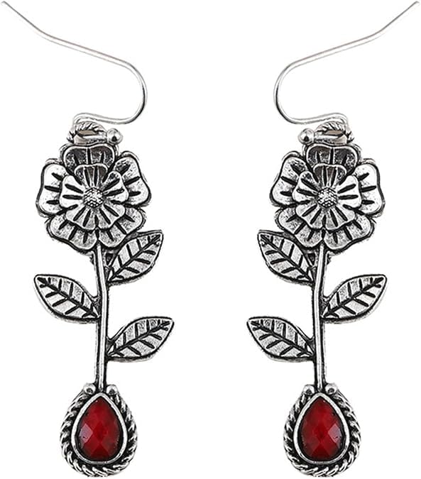 El Regalo Vintage Rose Red Crystal Silver Earrings- Trendy Vintage Bohemian Ethnic Flower Drop Statement Earrings for Women/Girls