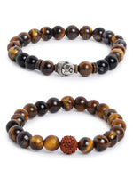 El Regalo 2 PCs Natural Tiger Eye Beads Stretch Unisex Bracelet for Men & Women with Hamsa Hand, Rudraksha, Elephant & Budhdha Charms (Rudraksha & Budhdha)