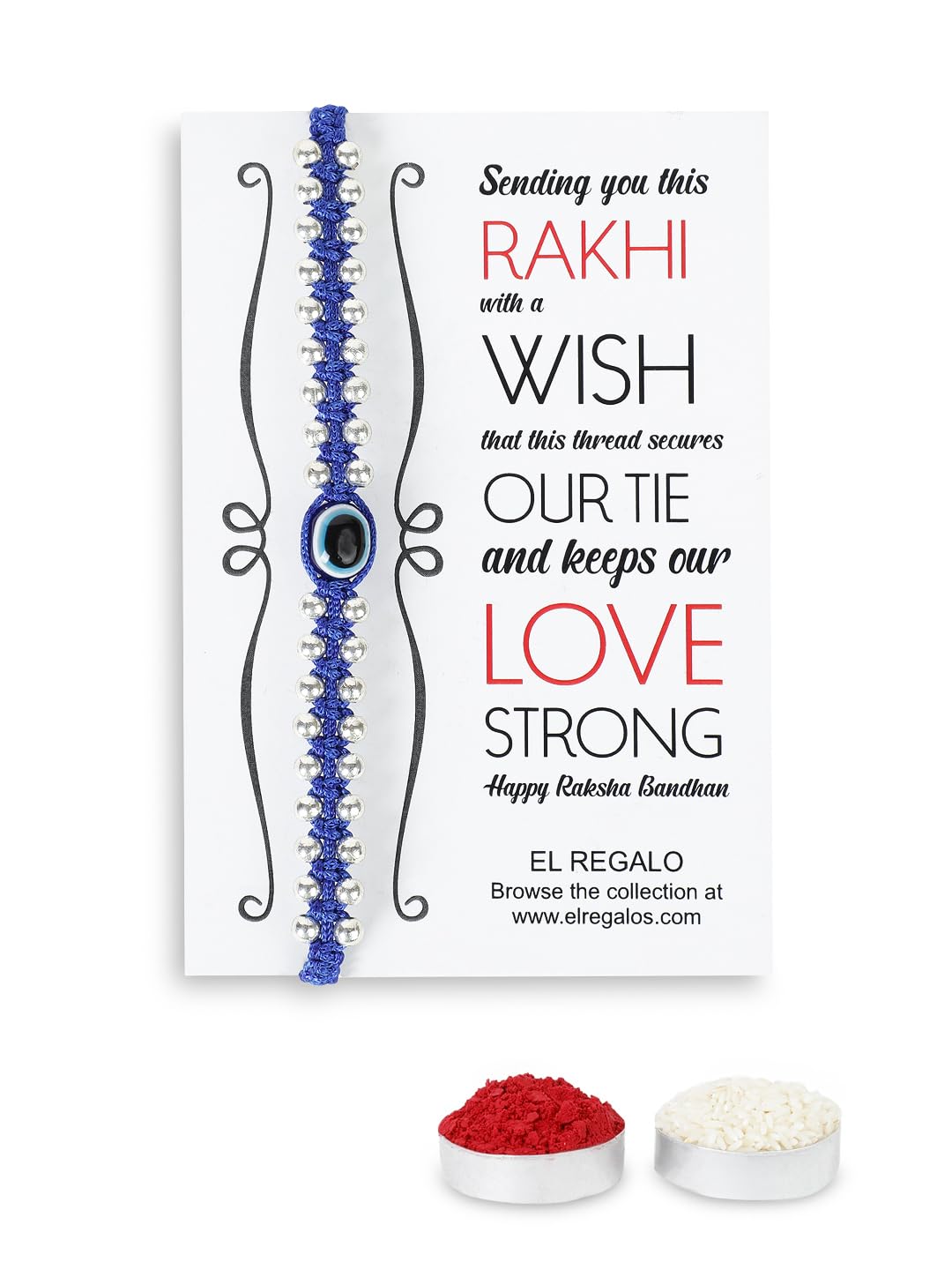 El Regalo Simple & Elegant Evil Eye Rakhi for Brother- Silver & Golden Beads Evil Eye Bracelet Rakhi for Brother/Bhai/Bhaiya with Roli Chawal in Rakhi Gift Box (Silver Blue)