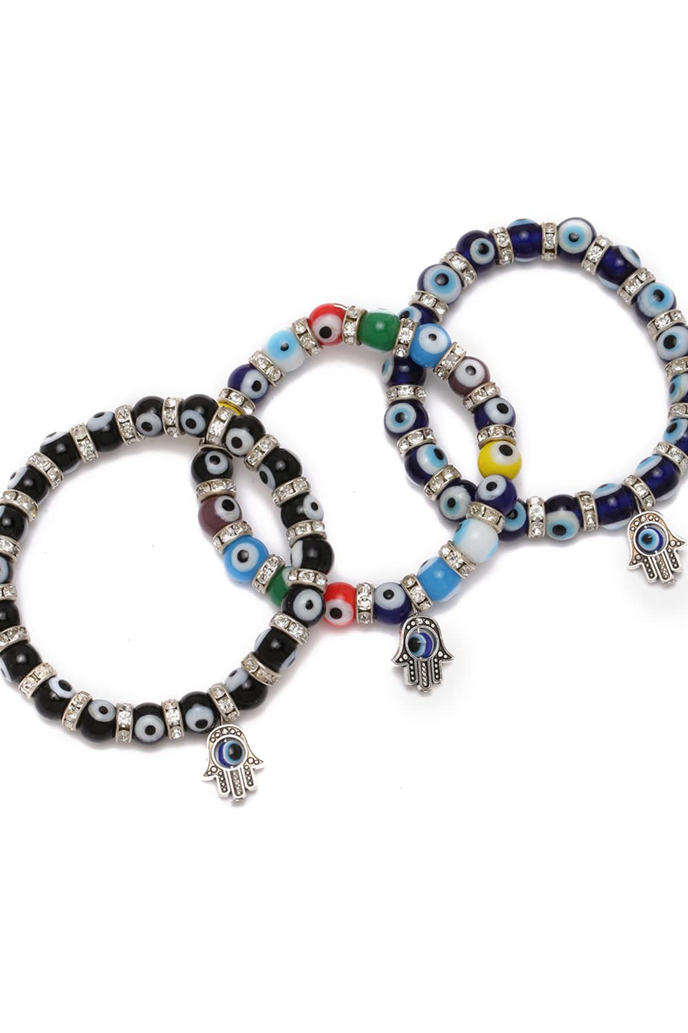 El Regalo 3 PCs Evil Eye Beads Unisex Bracelets Combo For Women Men Girls Boys - Hamsa Hand Fatima Beads Charms Elastic Bracelet Jewelry Combo (Option-1)