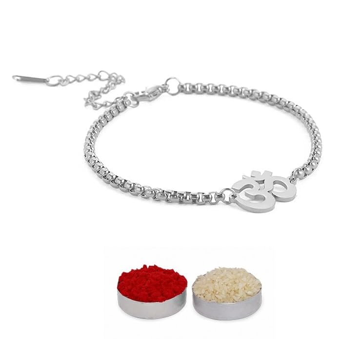 El Regalo 1 PC Stainless Steel Anti Tarnish OM/Aum Rakhi for Brother - OM Chain Bracelets Rakhi with Roli Chawal, Rakhi Message Card in Rakhi Gift Box