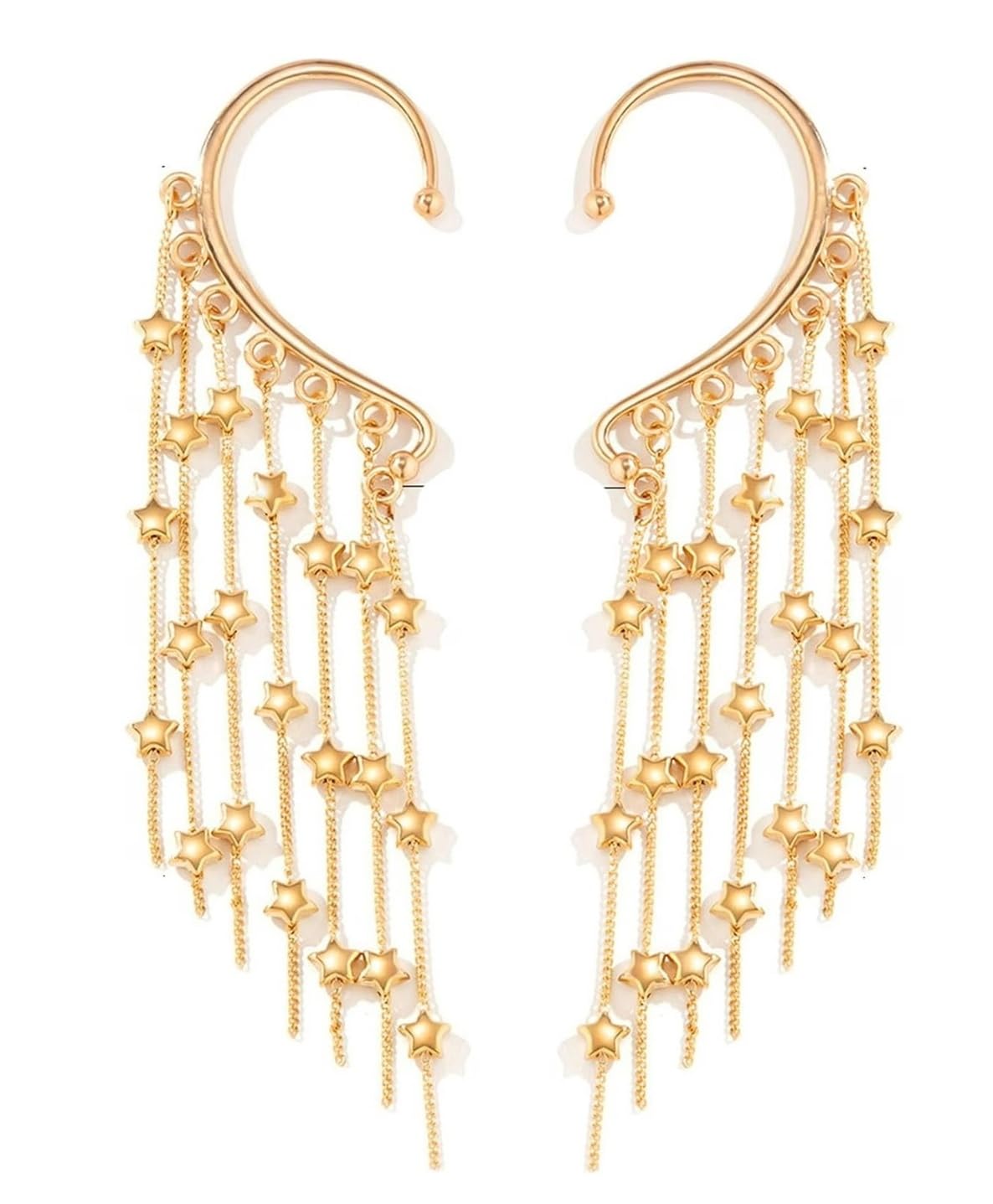 El Regalo Long Tassel Elf Ear Cuff Earrings for Women - Non Piercing Crawler Ear Wrap Bollywood Chandelier Dangle Earrings - Fairy Star & Spike Ear Clips (Stars Tassel)