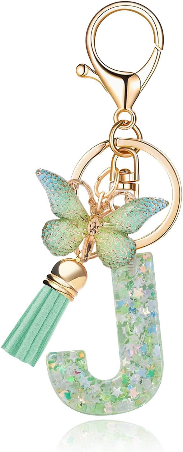 El Regalo Personalized Name Initials Butterfly Charm Keychain - Name Letters Keyring with Green Butterfly & Stars Filled Resin & Tassel Pendant, Purse, Bag, Backpack Accessory (Letter J)
