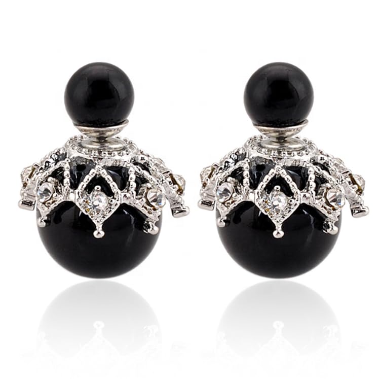 El Regalo Beautiful Double Sided Pearl Earrings for Women - Elegant Crown Rhinestone Front Back Studs | Korean Style Moti Earrings (Black Silver)