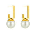 El Regalo Vintage Style Geometric Gold Plated Pearl Half Hoop Stud Earrings- Geometric Inlaid Pearl Hoop Stud U-shaped Luxury Designer Earrings for Women Girls