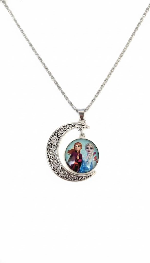 El Regalo Princess Crescent Moon Pendant Necklace for Girls- Enchanted Fairytale Character Jewelry with Filigree Detail, Silver-Tone Chain, Perfect Birthday Return Gift or Party for Toddlers and Kids (Style-7)