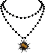 El Regalo Gothic Black Bead Sun Pendant Choker Necklace for Women & Girls - Vintage Goth Boho Jewelry | Statement Sun Charm Beaded Necklace for Party, Festival, Casual (Brown Tiger Eye)