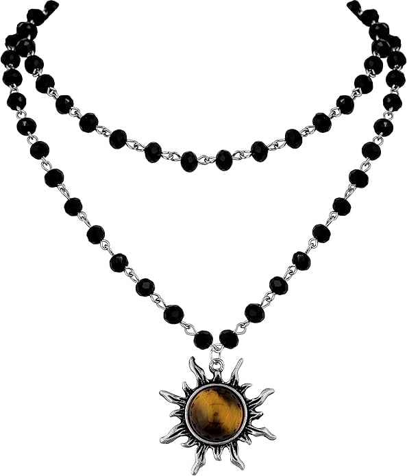 El Regalo Gothic Black Bead Sun Pendant Choker Necklace for Women & Girls - Vintage Goth Boho Jewelry | Statement Sun Charm Beaded Necklace for Party, Festival, Casual (Brown Tiger Eye)
