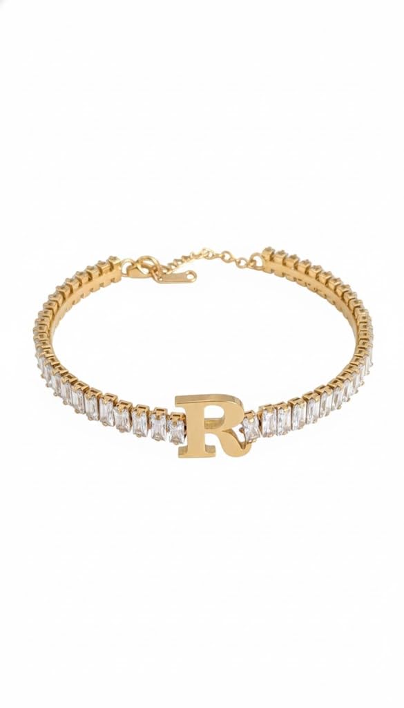 El Regalo Personalized Initial Letter Bracelet for Women | Gold Finish Tennis Bracelet with Alphabet Charm | Adjustable Stainless Steel Zircon Bracelet | Anti Tarnish Jewelry (R Letter)
