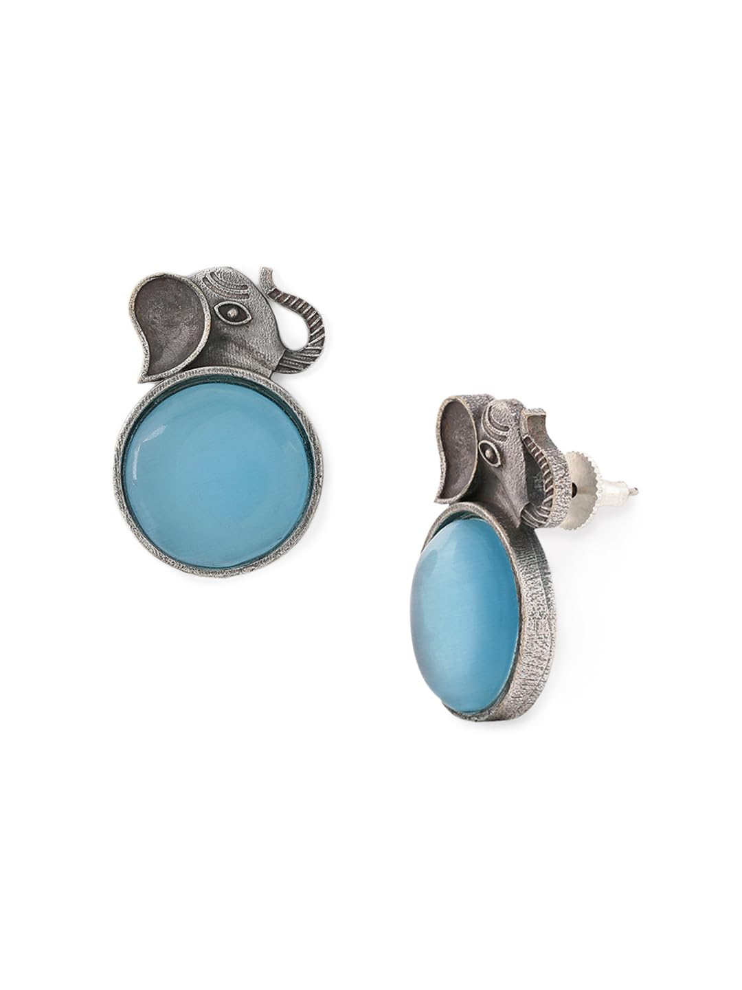 El Regalo 1Pair Oxidized German Silver Ganesha Elephant Stone Stud Earrings- Handcrafted Unique Earrings with Color Stone Options (Light Blue)