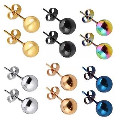 El Regalo 6 Pairs Mix Color Stainless Steel Ball Stud Unisex Earrings for Men Women- 6MM Anti Tarnish Minimalist Studs