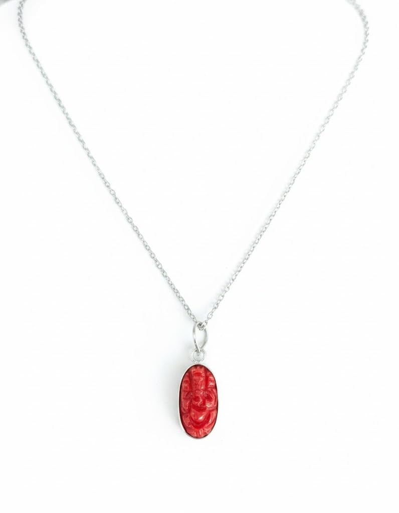 El Regalo Lord Ganesha Red Stone Pendant Necklace for Men & Women | Synthetic Carved Ganpati Locket with Silver Finish Chain | Spiritual Jewellery