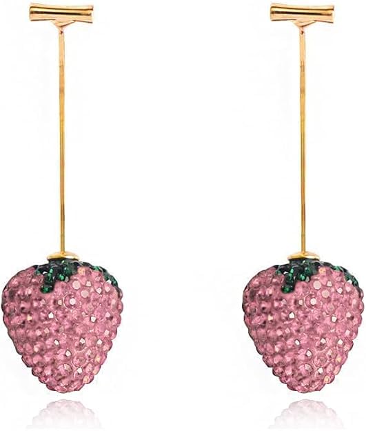 El Regalo 3D Rhinestone Strawberry Statement Earrings for Women & Girls | Handcrafted Crystal Fruit Drop Dangle Earrings | Fancy & Elegant Western Fashion Jewellery (Pink)