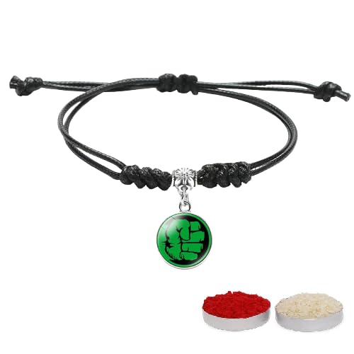 El Regalo 1PC Superhero Kids Rakhi- Fun Kids Bracelet Rakhi with Roli Chawal, Rakhi Message Card in Rakhi Gift Box for Little Bro/Sister/Niece or Nephew (Hulk Black Rakhi)