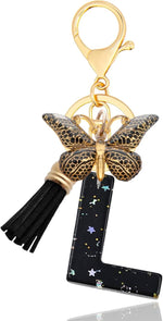 El Regalo Personalized Name Initials Butterfly Charm Keychain - Name Letter Keyring with Black & Golden Tassel & Butterfly Pendant, Purse, Bag, Backpack Accessory (L Letter)
