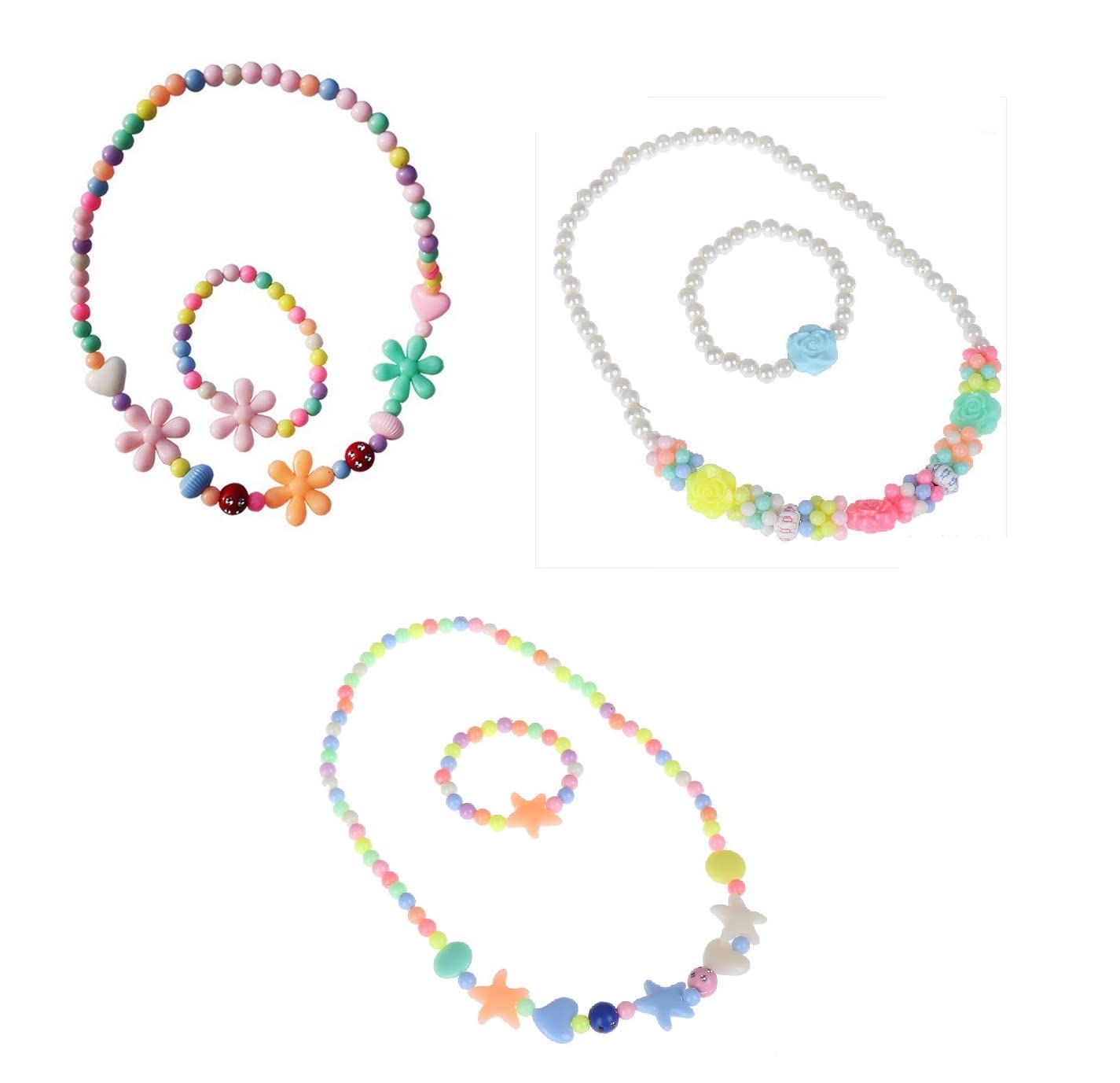 El Regalo 3Pairs Kids Necklace & Bracelet Jewelry Set Combo- Kids Colorful Jewelry Sets | Princess Colorful Acrylic Beads Stretch Necklace Bracelet Set for Kids Baby Toddler Girls (Set Option-3)