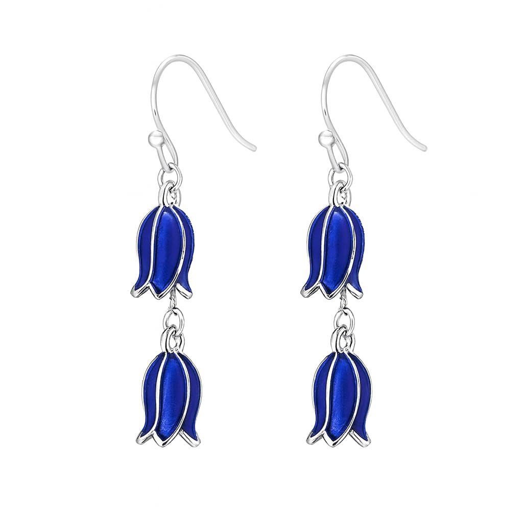 El Regalo Blue Enamel Tulip Flower Earrings for Women & Girls - Cute and Fancy Hyacinth Dangle & Double-Drop Hook Earrings (Double Flower)