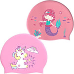 El Regalo 2 PCs Kids Swimming Caps Set- Silicone Swimming Hat for Girls Boys Waterproof Bathing Caps for Long & Short Hair with Unicorn, Astronaut, Heart, Fairy Mermaid (Unicorn & Fairy Mermaid)