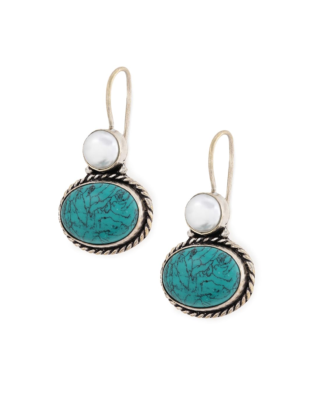 El Regalo 1Pair Cute Oxidized 925 Silver Plated Pearl & Stones Hook Earrings for Girls/Women- Silver Lookalike Handmade Oxidized Brass Hook Traditional Earrings with Stones & Pearls (Turquoise Green)