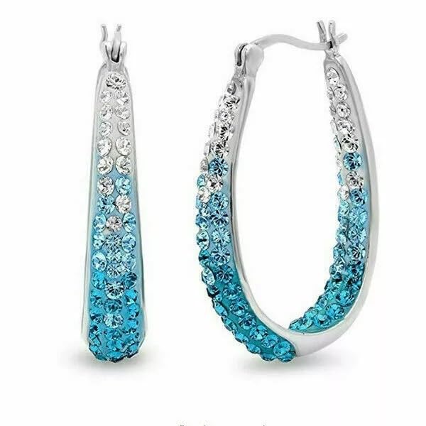El Regalo Elegant Oval Crystal Hoop Earrings for Girls & Women- Silver Plated Sparkle Bling CZ Inside Out Earrings (Gradient Blue)