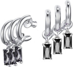 El Regalo Women's & Girl's Western Triple Ear Crawler Earrings- Triple Dangling Baguette Stone Earring- Exquisite Zircon Multilayer Earrings (Silver Black)