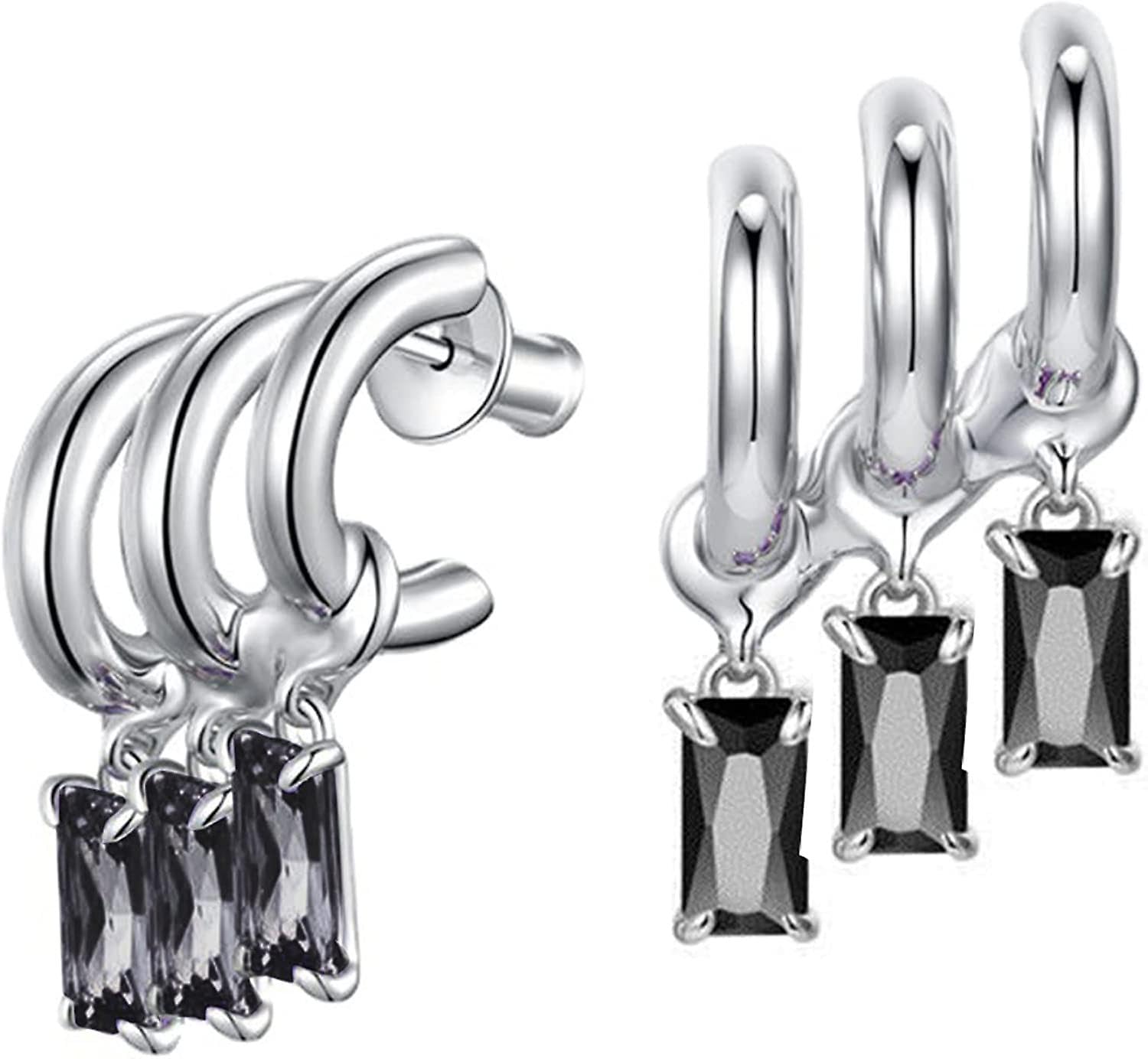 El Regalo Women's & Girl's Western Triple Ear Crawler Earrings- Triple Dangling Baguette Stone Earring- Exquisite Zircon Multilayer Earrings (Silver Black)