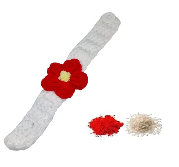 El Regalo 1PC Cute Hand Knitted Unisex Rakhis for Kids/Teens- Adjustable, Soft, Knitted Crochet Rakhis for Babies/Toddlers/Kids/Teens (Red Flower)