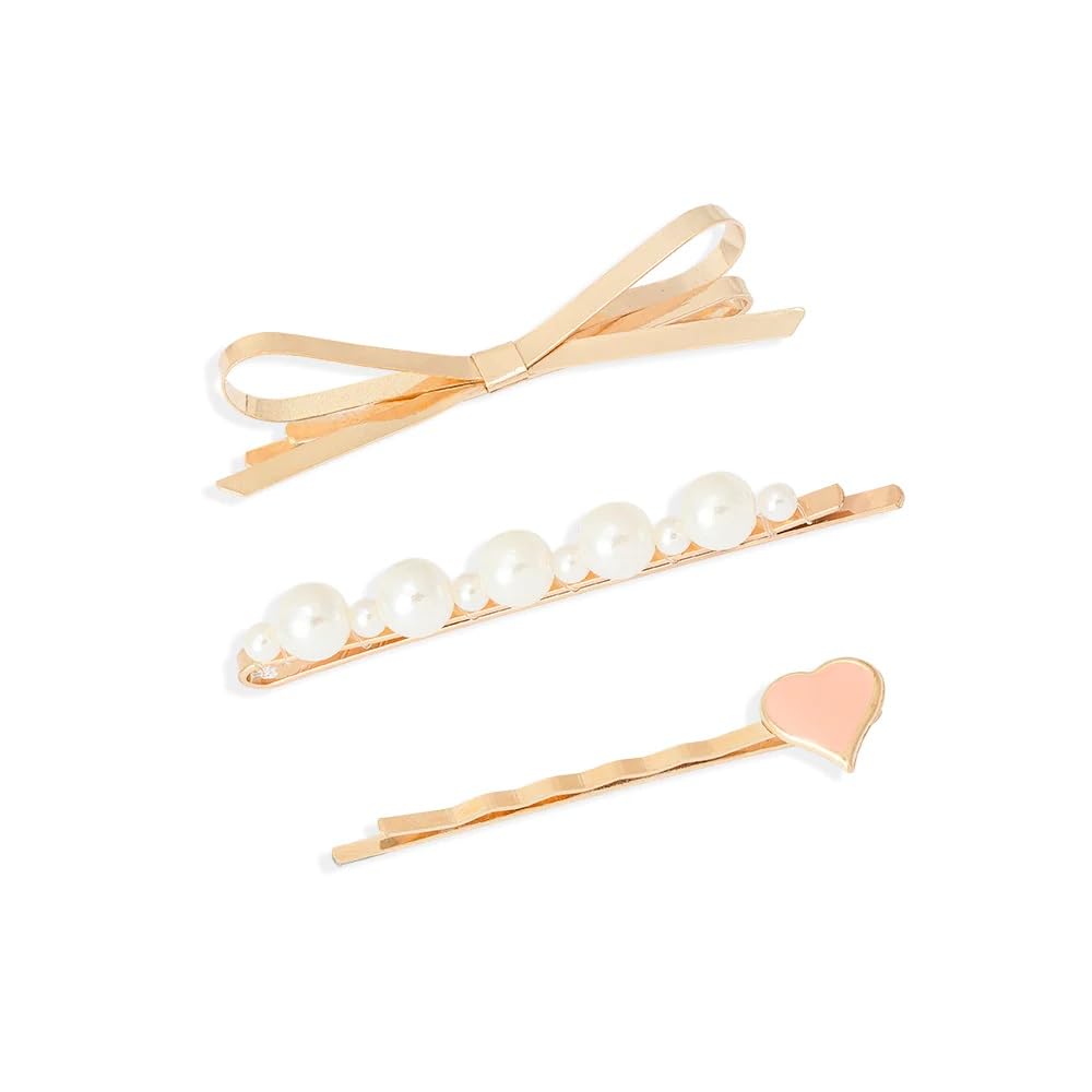 El Regalo 3 Pearls Heart Hair Pins Combo Set- Fancy Hair Pins- Heart, Pearl & Bow Bobby Pins Combo for Girls & Women