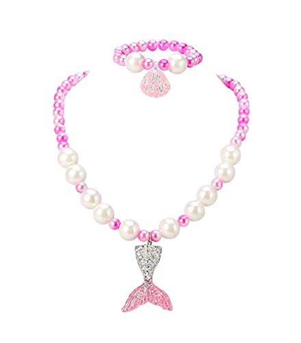 El Regalo 2 PCs Girls Kids Mermaid Princess Necklace & Bracelet Set with Colorful Mermaid Shiny Beads Bow Kids Stretchy Costume Jewelry Gift Party Favors Dress up Jewelry for Girls (Pink Mermaid Set)