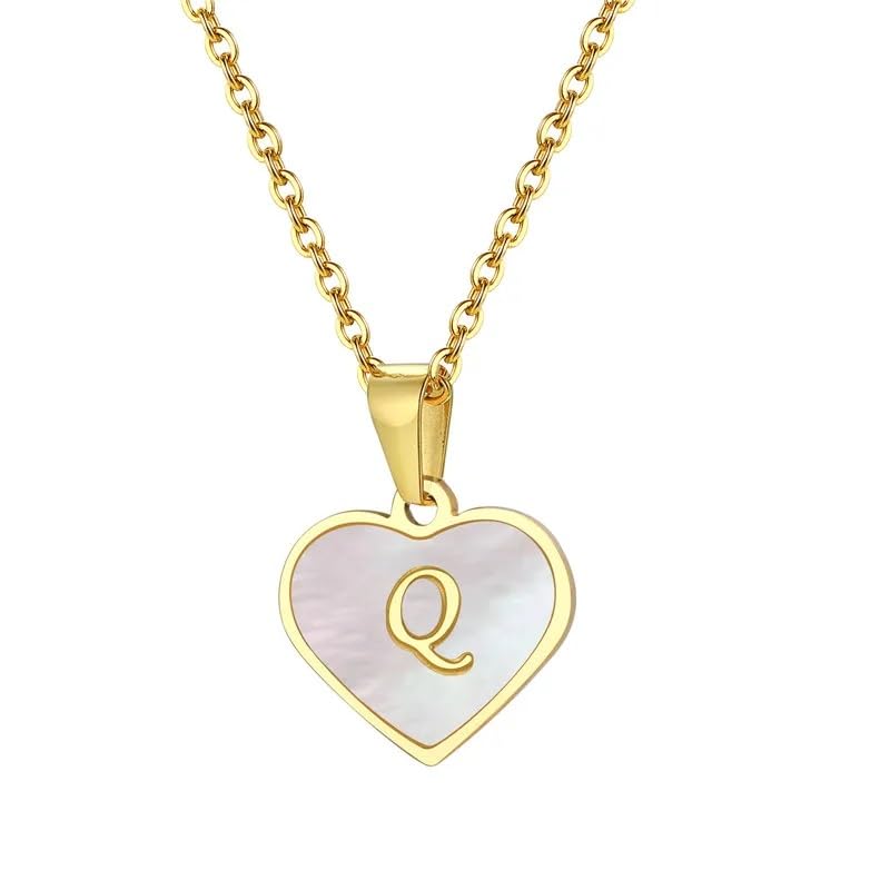 El Regalo Unisex Personalized Heart Name Initial Letters Pendant Necklaces - Stainless Steel Golden Heart Mother of Pearl Name Initials Letters Jewelry - Hypoallergenic Cursive Letters (A-Z) (Q)