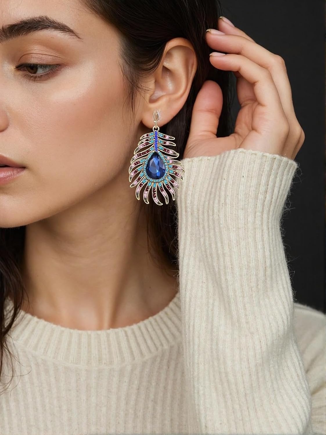 Frogwill Frogwill Womens Crystal Hook Earrings Sparkling Rhinestone Peacock Feather Dangle Earrings