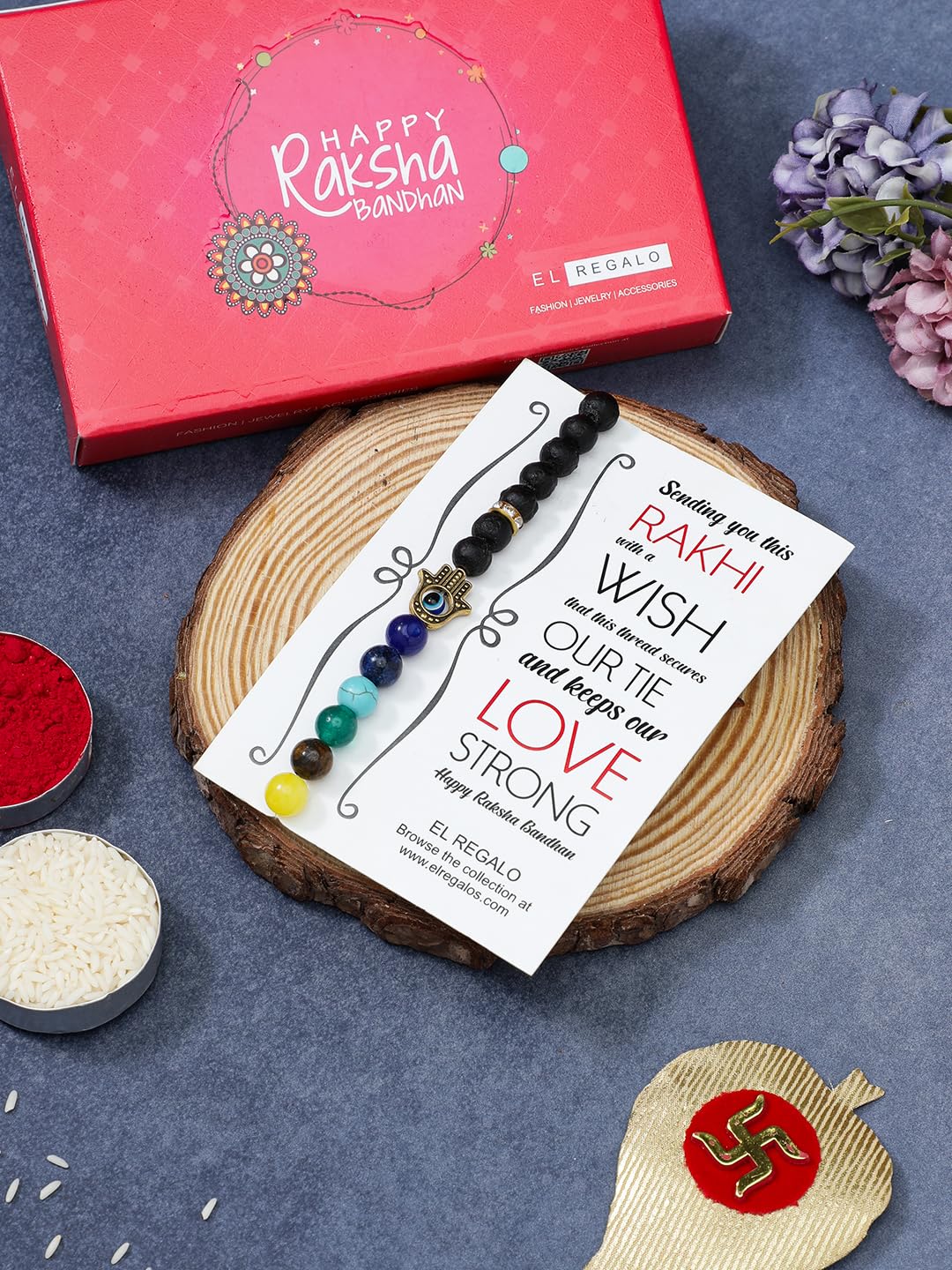 El Regalo 7Chakra Hamsa Hand Evil Eye Bracelet Rakhi for Brother- Designer Rakhi for Bhai with Roli Chawal in Rakshabandhan Gift Box