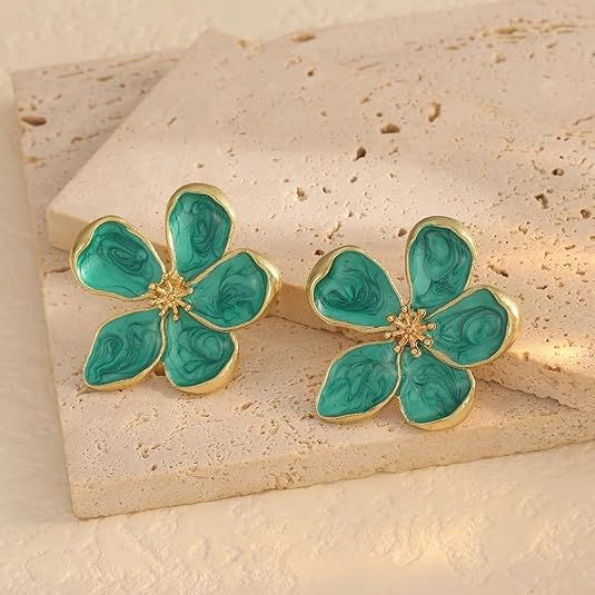 El Regalo Enameled Flower Stud Earrings for Women- Trendy Statement Big Flower Earrings (Green)